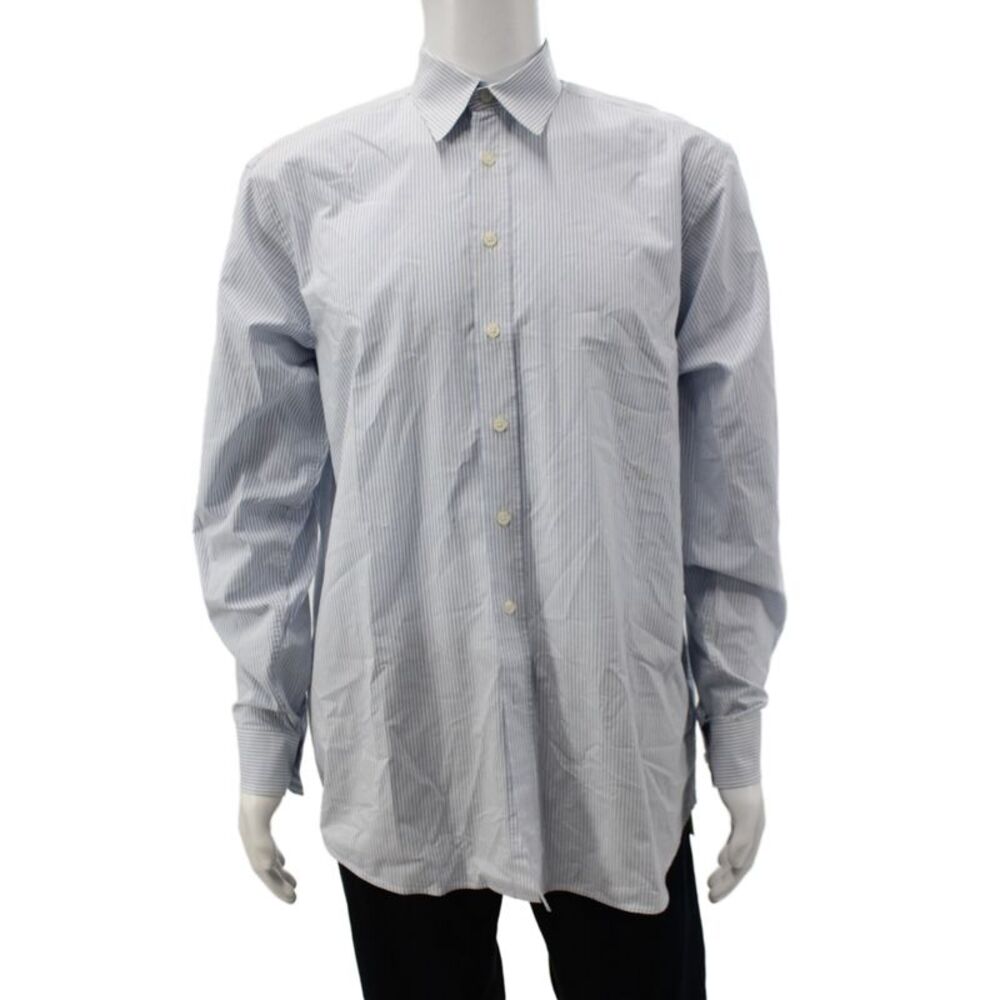 Burberry London Mens Cotton Striped Collared Long Sleeve Shirt Blue Size XL